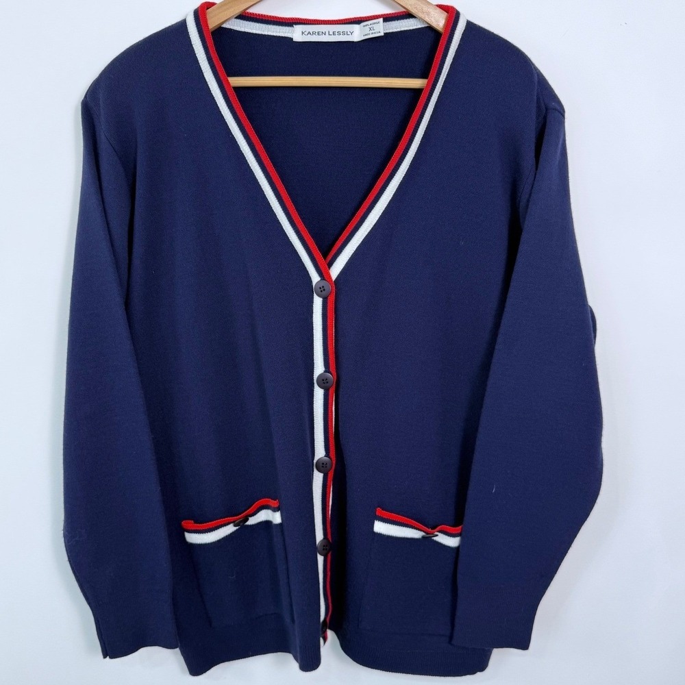Vintage Karen Lessly Cardigan Sweater Womens XL Blue Preppy Varsity Nautical